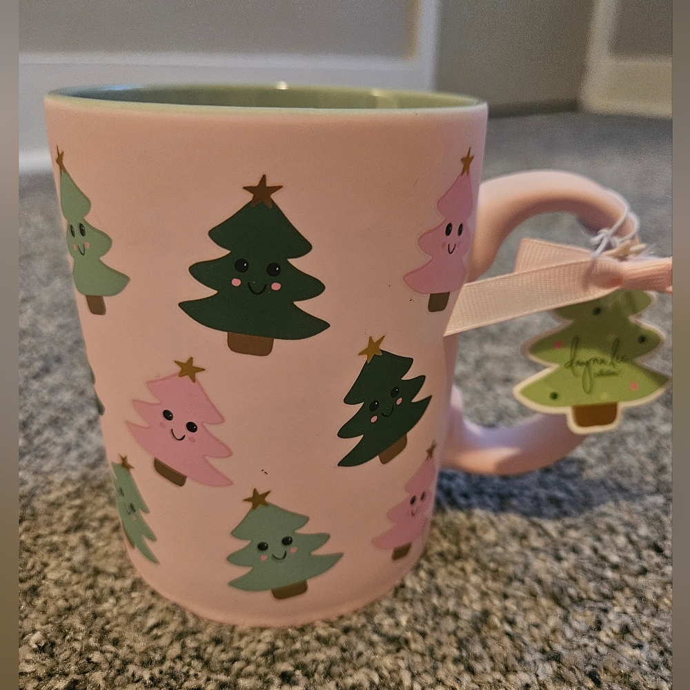 Christmas Tree Smiling Mug Pink Green SOFT TOUCH Adorable So Cute NWT